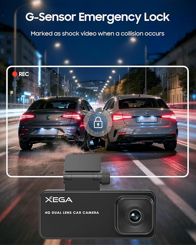 XEGA 2K 4G LTE Dual Dash Cam Front Inside, OBD Powered 24/7 Sentry Mode, APP Remote Live-View, GPS Tracking, No WiFi Car Security Camera Anti-Theft, Real-Time Alerts, Built-in SIM Card(7-Day Trial)