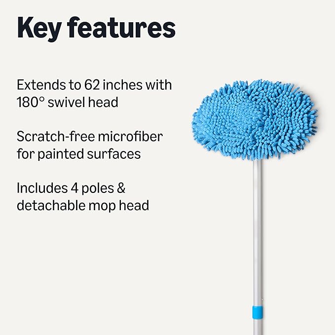 Amazon Basics Car Wash Brush with Long Handle, Microfiber Mop Mitt, for Car RV Truck, 62 inch, Blue