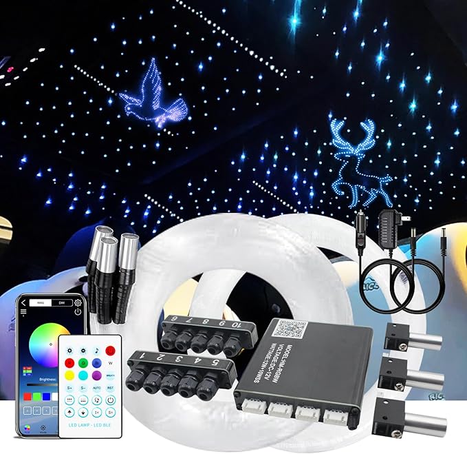 Split Starlight Headliner Kit with Meteor & Music Effect, 22W 3+10 Holes RGBW 1050pcs 0.02in x 4.9ft Fiber Optic Lights Kit, Star Light Headliner Kit for Car Truck Jeep, App & Remote