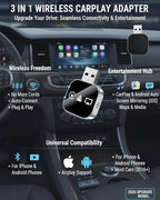 3 in 1 Wireless Carplay Adapter, Car Screen Mirroring Converter, 2026 Upgrade Mirror iOS Phone for iPhone/Airplay/Apple/Android, Bluetooth Auto Link, Wired to Wireless, Plug & Play (for iPhone)