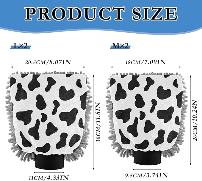 Qilmy Cow Print Pattern Microfiber Chenille Car Wash Sponge Scratch Free Car Wash Mitt Absorbent Mitt Sponge for Trucks SUVs Car Washing Home Cleaning, Large
