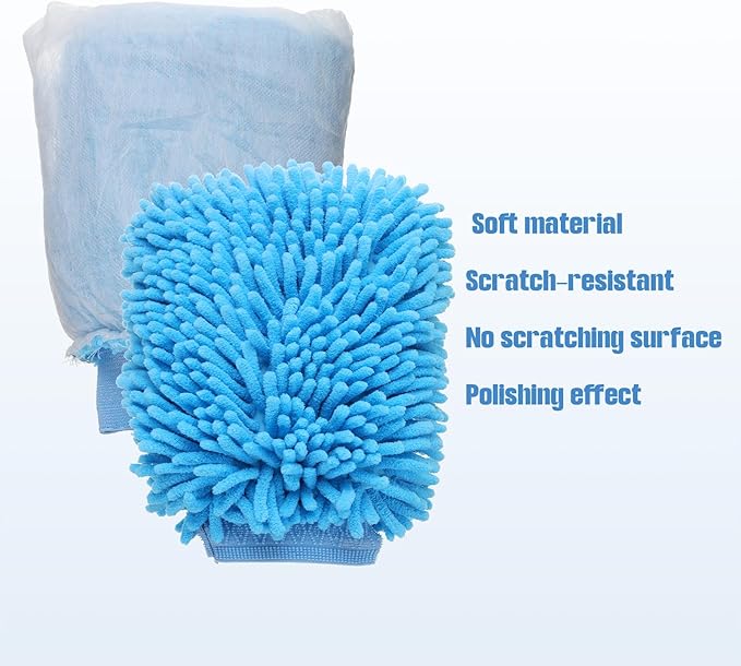 HARFINGTON Chenille Microfiber Car Wash Mitts 9" x 5.5" Scratch Free Wash Gloves Absorbent Double Sided Plush Cleaning Drying Mitts for Car Washing Home Clean Blue