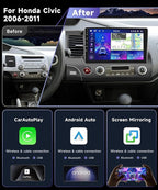 8Core 6G+128G Radio for Honda Civic 2006-2011 Android Car Stereo with 10.1inch IPS Touch Screen Wireless CarPlay Android Auto DSP FM/RDS WiFi GPS Bluetooth 5.0 AHD Backup Camera