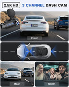 BAEASU Dash Cam Front and Rear 2.5K/1440P, 3 Channel Dash Camera for Cars Dash Cam Front Rear and Inside with 32GB Card, 3.16" IPS Screen, G-Sensor, Loop Recording, Night Vision, Parking Mode