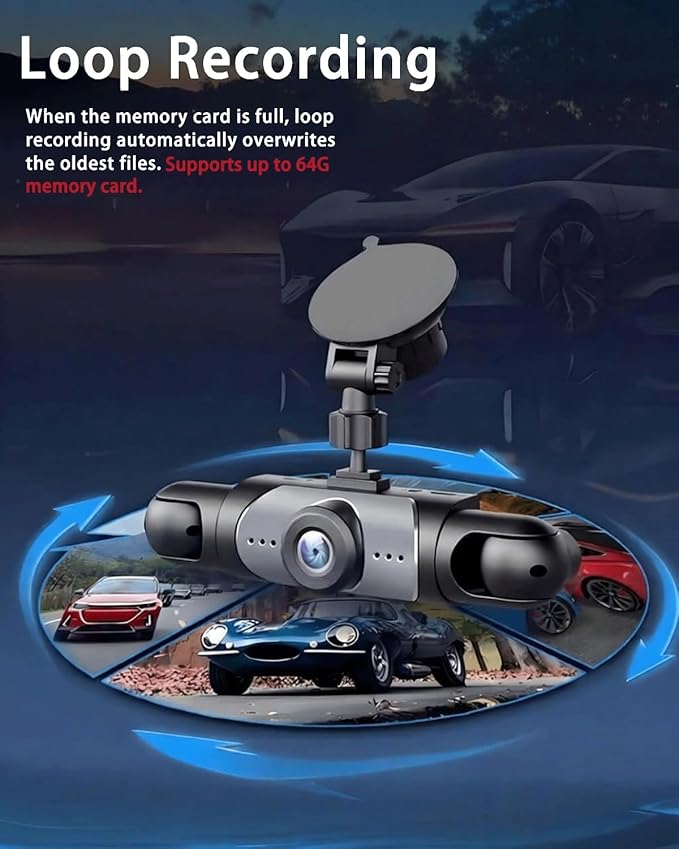 Car Dash Cam Wireless Front Rear 360 Full View 4K Dual Security 24HR Rechargeable 4 Channel Mirror Rearview Interior Auto Video On-Dash Mounted Driving Recorder Truck Electronics Accessory(32G)