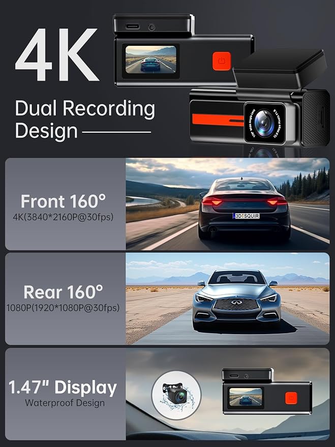 Dash Cam Front and Rear, 4K+1080P WiFi Mini Car Camera with App Control, 170° Wide Angle Dual Dashcam, Night Vision