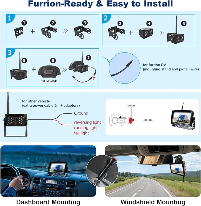 Wireless Backup Camera for Trucks, RV Backup Camera Wireless with 7" HD Monitor, 4 Channels Split Screen, BSD Alert, 984ft Signal Range, IP69K Waterproof IR Night Vision Wide Angle, DIY Guide Lines