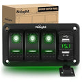 Nilight 3 Gang Rocker Switch Panel with 4.8 Amp Dual USB Charger Voltmeter Waterproof 12V 24V DC Rocker Switch with Night Glow Stickers for Cars Trucks Boats RVs, 2 Years Warranty,Blue,Green