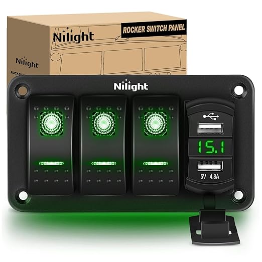 Nilight 3 Gang Rocker Switch Panel with 4.8 Amp Dual USB Charger Voltmeter Waterproof 12V 24V DC Rocker Switch with Night Glow Stickers for Cars Trucks Boats RVs, 2 Years Warranty,Blue,Green