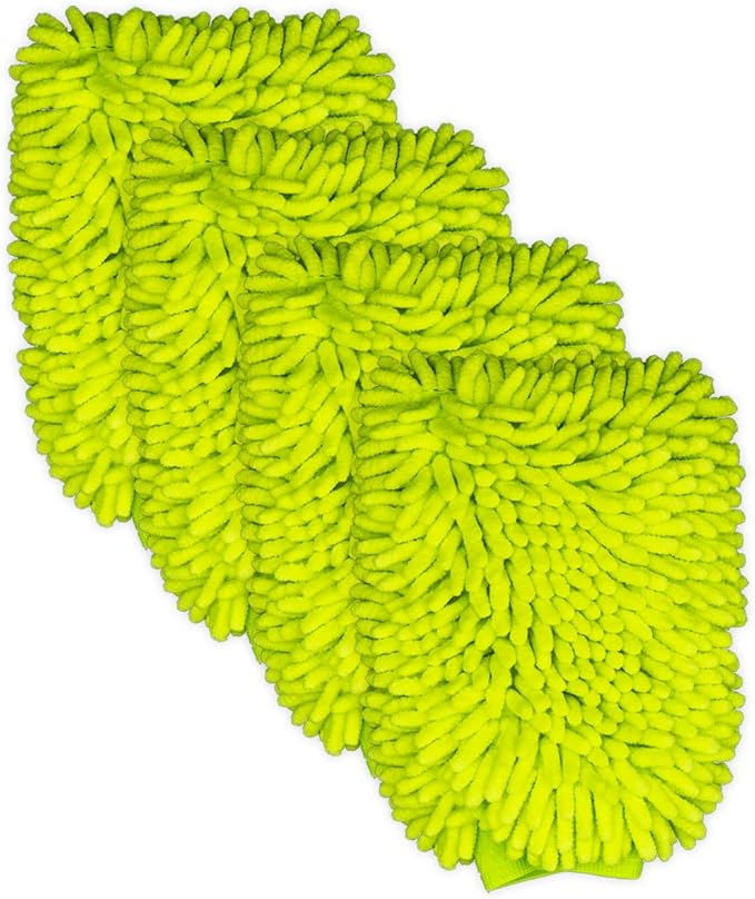 Never Ride Stock 4 Pack Microfiber Car Wash Mitt – Scratch-Free Chenille, Extra Thick & Ultra Absorbent – Safe for Black & Dark Paint – Lint-Free, Reusable Auto Cleaning Glove