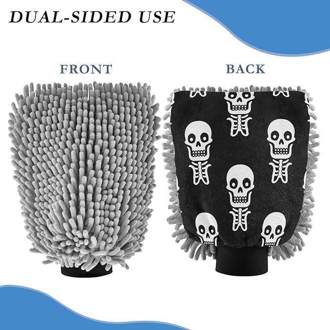 Qilmy White Skeleton Pattern Microfiber Chenille Car Wash Sponge Scratch Free Car Wash Mitt Absorbent Mitt Sponge for Trucks SUVs Car Washing Home Cleaning, Large