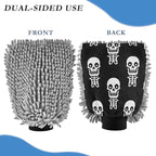 Qilmy White Skeleton Pattern Microfiber Chenille Car Wash Sponge Scratch Free Car Wash Mitt Absorbent Mitt Sponge for Trucks SUVs Car Washing Home Cleaning, Large