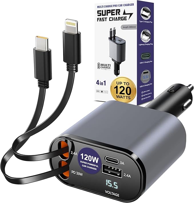 Multi Charge Pro iPhone Car Charger Fast Charging Retractable Car Charger USB C Auto Adapter, Powerful 120W 4-Port USB-C & USB-A and Lightning iPhone, Samsung, Tablets USBC Charger Block