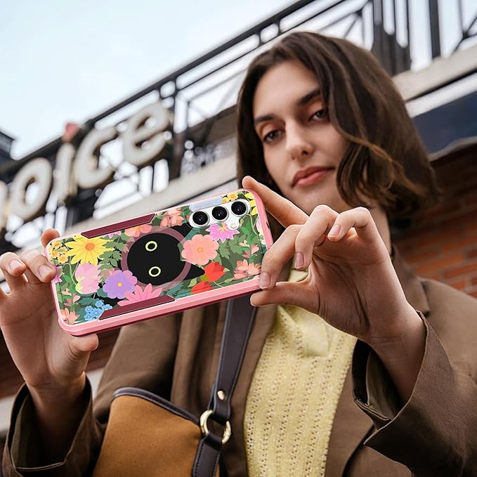 for Samsung Galaxy A16 5G Phone Case - Compatible with MagSafe Women Girls Cute Magnetic Protective Cover Kawaii Girly Cat Flower Floral Heavy Duty Shockproof Design for Samsung A16 5G Case