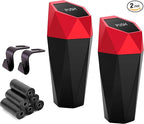 Ginsco Car Trash Can Cup Holder, 2 Pack Mini Car Trash Can with Lid, Car Accessories for Interior, Leakproof Small Trash Cup for Car, Home with Additional 2 ABS Hooks and 90pcs Trash Bags Red