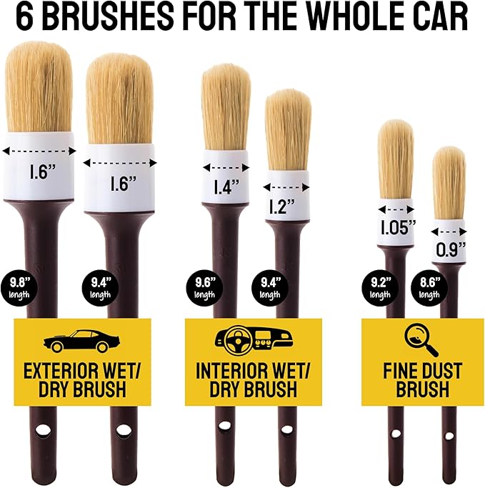 Detail Dudes Car Detailing Brush Set 9-pc - Boars Hair Brushes Plus Wheel Cleaner, Tire Brush and Dressing Applicator - Car Cleaning Kit for Leather Seats, Dashboards, Wheels, Grills and Paint
