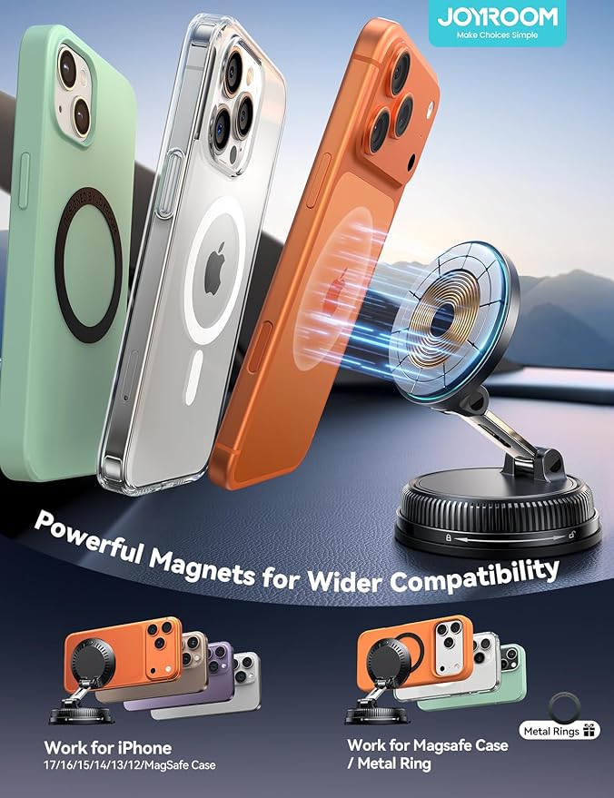 JOYROOM Only for iPhone 15W Magsafe Car Charger with Vacuum & Gel Strong Suction, 360° Vacuum Magnetic Car Phone Holder Charger, Car Mount for iPhone 17 Pro Max Air 16 15 14 13 12, Blue
