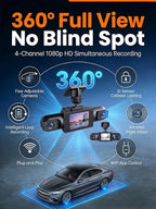 2026 New Full View Wireless Car Dashcam System,4k 4-Channel 360° Panoramic Dash Camera WiFi 6 Driving Recorder,Infrared Night Vision,24/7 Parking Monitor,G-Sensor,Motion Detection(64g)