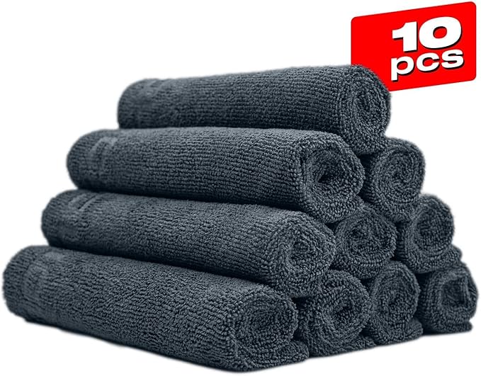 Nasiol Wipe&Buff Microfiber Cleaning and Ceramic Coat Application Cloth – Professional, Highly Absorbent, Lint & Streak-Free, Edgeless Double-Sided Towel – Pack of 10, Dark Gray (13.78 x 15.75 in)