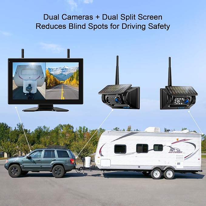 Fookoo 10.1" Solar Magnetic Wireless Backup Camera HD 1080P Touchscreen Monitor 1 Min DIY Install Portable Scratch-Proof No Drilling DVR Rechargeable Night Vision for RV Truck Camper - DCM1002