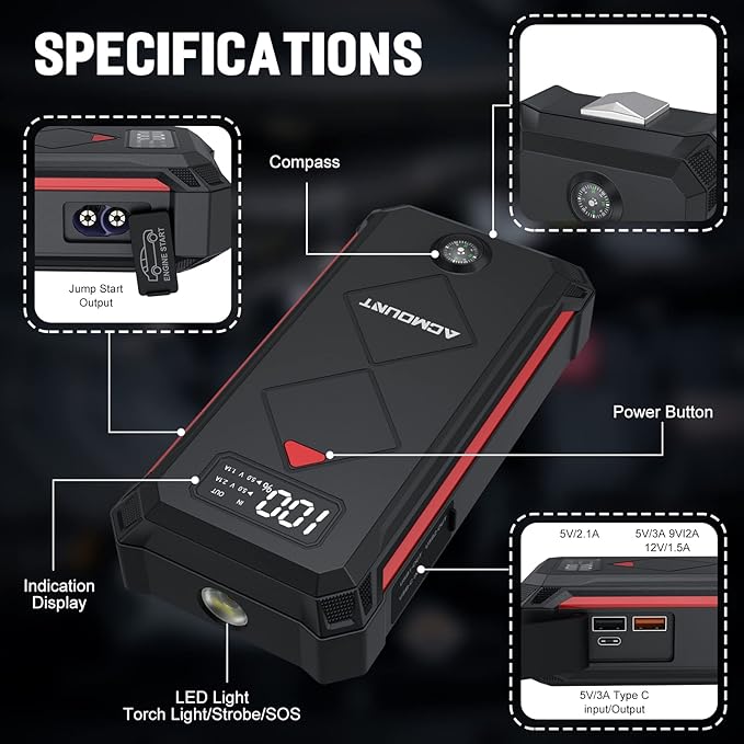 Acmount P100 Car Jump Starter, 5000A Peak Lithium Jump Starter Battery Pack for Up to 10.0L Gas or 8.0L Diesel Engine, Safe 12V Portable Battery Starter Power Pack with LED Screen & LED Light