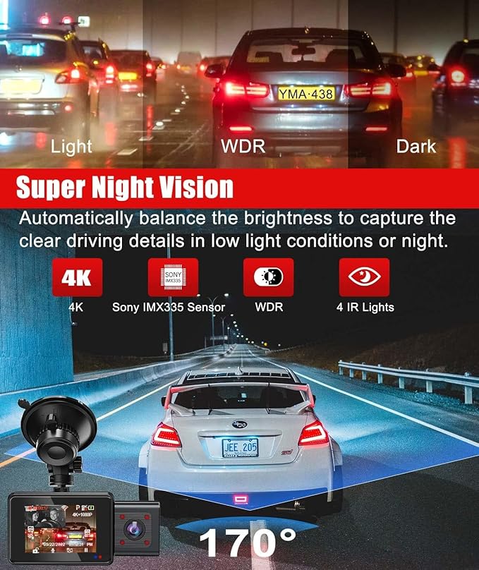 LAMONKE 4K Dual Dash Cam Front 4K Inside 1080P with GPS Wi-Fi Night Vision Supercapacitor Parking Mode G Sensor Loop Recording 256GB Support