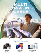LISEN 3 in 1 Retractable Car & iPhone Charger Cord, Type C/L/Micro USB for iPhone/Samsung/PS/Kindle, Purple