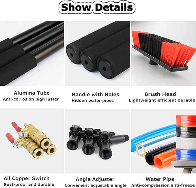 Water Fed Pole Kit Telescopic Brush, Extendable Cleaner Conservatory Roof, Extension Rod Cleaning Equipment for Photovoltaic Panel Cleaning, Trucks (55cm Brush 30FT/9M)