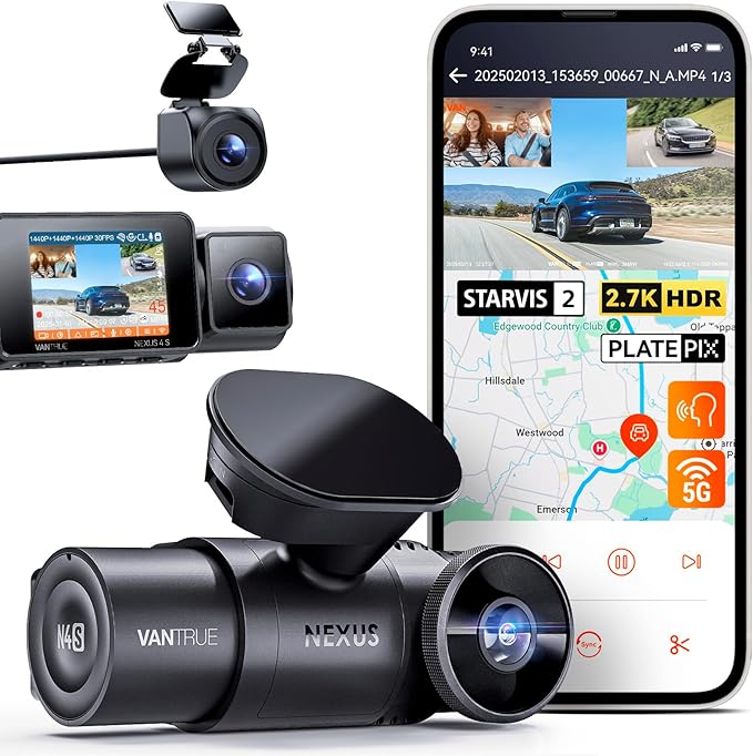 Vantrue N4S 3 Channel Front Inside Rear Dash Cam, 2.7K+1440P+1440P WiFi Dash Camera w/PlatePix™, STARVIS 2 x HDR x IR Night Vision, Voice Control, GPS, 24/7 Parking Mode, Support 1TB Max