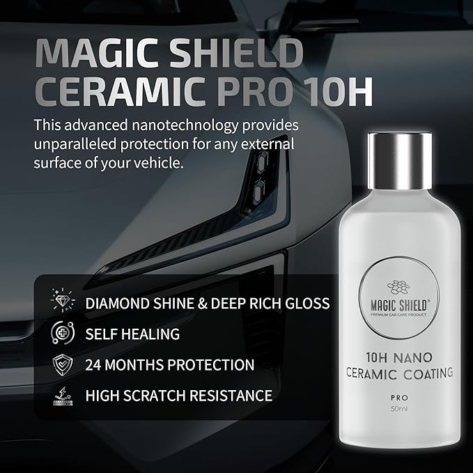 Magic Shield Ceramic Coating PRO 10H - Self-Healing | Long lasting for 2 cars+ | Advanced SiO2 Protection | Easy Application | Candy-Like Gloss | Perfect for Cars, Motorcycles, RVs, and Boats (50ml)