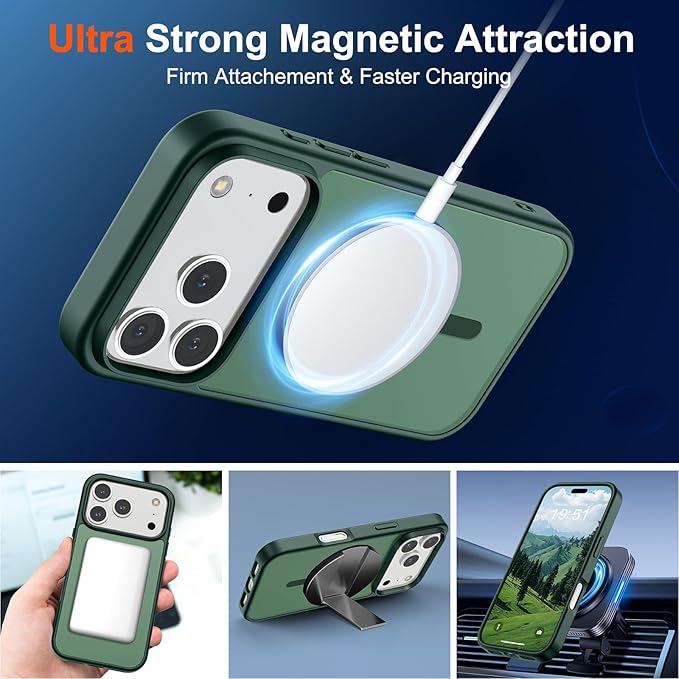 SUPFINE Magnetic for iPhone 17 Pro Case (Compatible with MagSafe)(Military Grade Drop Protection) Translucent Matte Shockproof with Anti-Fingerprint Phone Cover,Forest Green