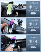 HTU 2026 Upgraded [True Military-Grade] Car Phone Holder【Safety Certs & No Smell】 Cell Phone Holder for Car Mount for Dashboard Windshield Air Vent Long Arm Thick Case,Green