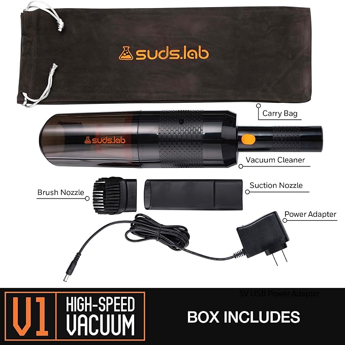 Suds Lab V1 High-Power Cordless Car Vacuum Cleaner (42Kpa) Rechargeable & Long Battery Life (3000mAh) - Portable Handheld Vacuums for Car Detailing, Pet Hair, Travel, Interior Cleaning