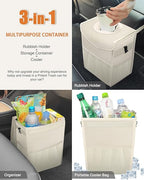 Pritent Car Trash Can with Lid, Cute Leakproof Car Trash Garbage Bag Hanging Vehicle Trash Bin Small Portable Automotive Garbage Cans Organizer for Back/Front Seat/Console(2.8 Gallons,Beige