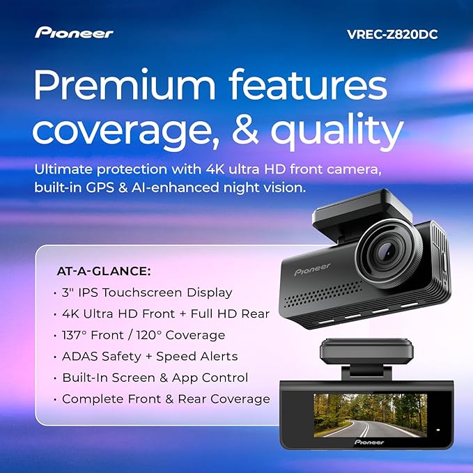 Pioneer VREC-Z820DC Dual Dash Cam Front and Rear Car Camera - Premium 4K Camera, AI-ISP Starvis Night Vision, 139 Degree Wide Lens, ADAS Safety Alerts, Built in GPS, Impact Detection, 24/7 Coverage