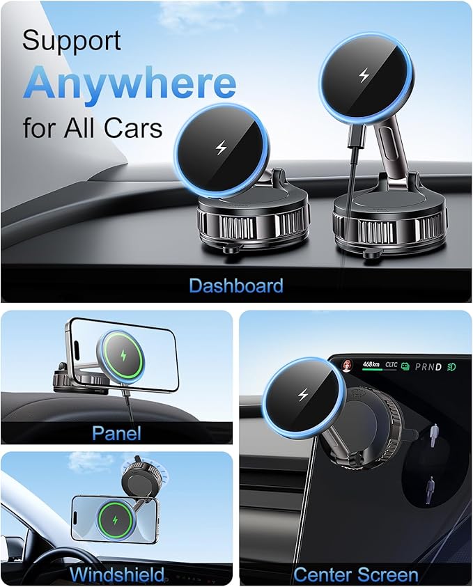 iPhone Magsafe Car Mount Charger [15W Fast Wireless Charging, 120+ LB Strongest Suction & 2800gf Strongest Magnetic] 360° Adjustable Car Phone Holders for your car, for iPhone 17 16 15 14 13 12 series