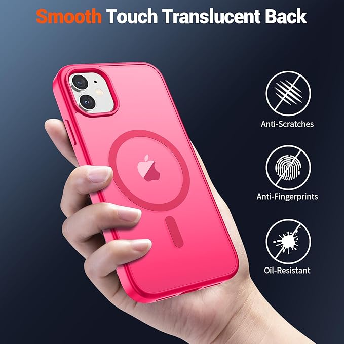 SUPFINE Magnetic for iPhone 11 Phone Case with Screen Protector (Compatible with MagSafe) (Military Grade Drop Protection) Slim Translucent Matte Shockproof Phone Cover,Hot Pink