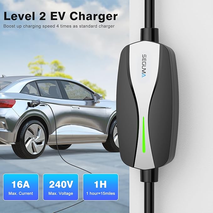 SEGUMA Level 1/2 EV Charger, 16Amp Electric Car Charger 25FT Cable with NEMA 6-20 Plug and NEMA 5-15 Adapter, Home Mobile EV Charging Station for J1772 BEVs/PHEVs 110V-240V(Black)