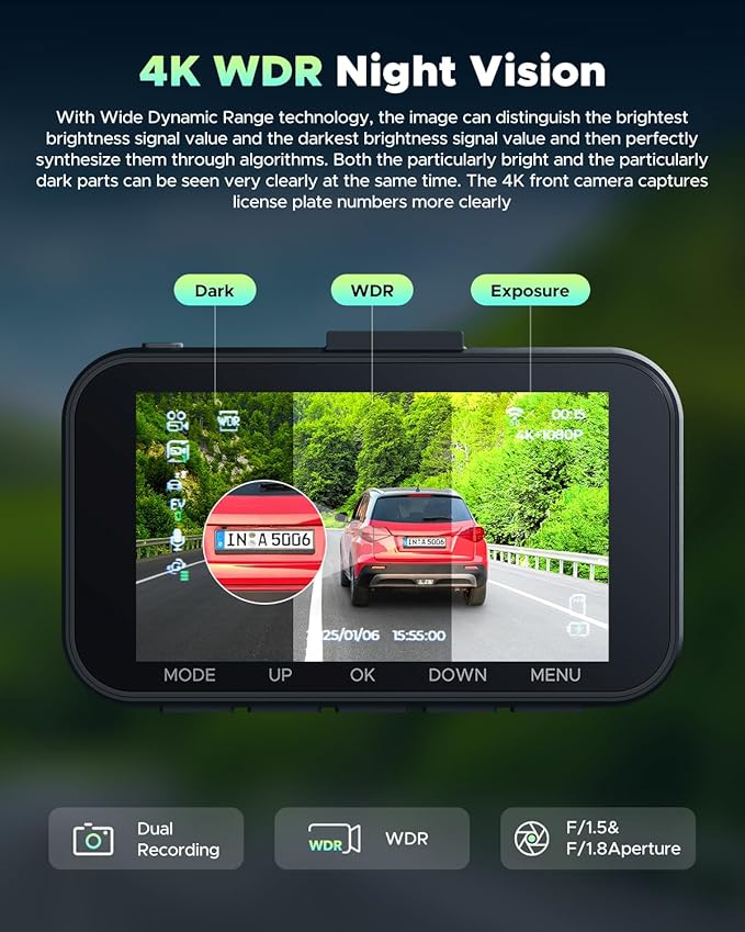 4K Dash Cam Front and Rear, Free 64GB Card Included, Full HD 3.0” IPS Screen Dash Camera for Cars with 5G Wi-Fi & App Control, Night Vision,WDR, G-Sensor, Loop Recording, Parking Mode for Drivers