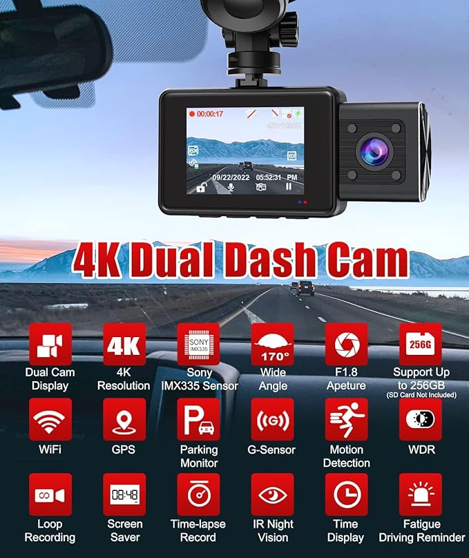 LAMONKE 4K Dual Dash Cam Front 4K Inside 1080P with GPS Wi-Fi Night Vision Supercapacitor Parking Mode G Sensor Loop Recording 256GB Support