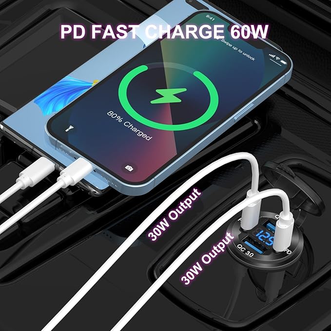Upgraded 4 Port 12V USB Outlet Aluminum Charger, 78W Dual PD & QC Multiple USB Port for Car, USB C Cigarette Lighter Replacement 12 Volt Socket with Voltmeter Waterproof for Marine Boat Motorcycle RV