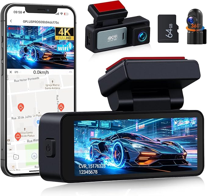 SIXTOP 4K Dash Cam Front and Rear, Built-in GPS & WiFi Dual Dash Camera for Cars 64G Card Included, 4K+1080P 3.16'' IPS Screen, Night Vision, G-Sensor, Loop Recording & 24H Parking Mode Wide Angle