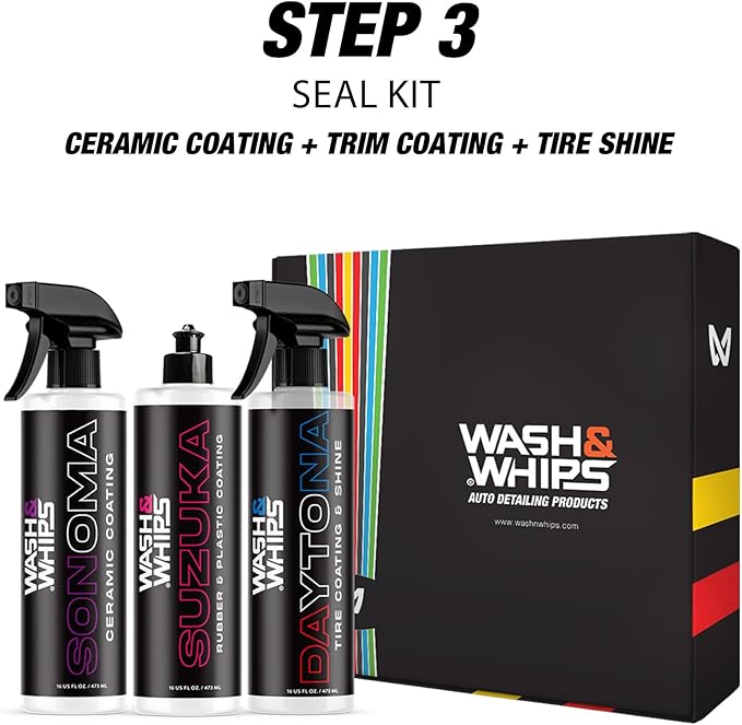 WASH&WHIPS SEAL - Exterior & Car Shine Kit (Step 3) – Sonoma Ceramic Coating Spray, Daytona Tire Shine, Suzuka Rubber & Plastic Coating – Long-Lasting Protection, Hydrophobic, Easy Application