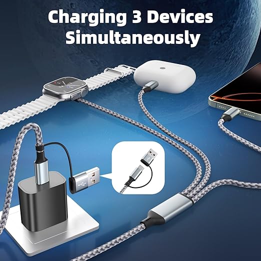 Travel Essentials 3 in 2 Charging Cable for Phone Watch Charger, USB A/USB C Multi Charging Cable/Cord for All Devices Compatible for iWatch Ultra/SE/11-2, iPhone17 15 14, Android, More - 5FT