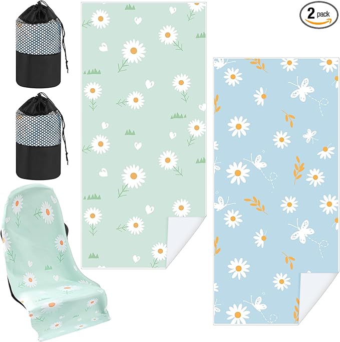 Hahafelt 2 Pack Car Seat Towel Covers with Storage Bag, 63 x 32 Inch Universal Non Slip Waterproof Sweat Protector for Car Truck, Gym Swimming Running, Machine Washable (Daisy)