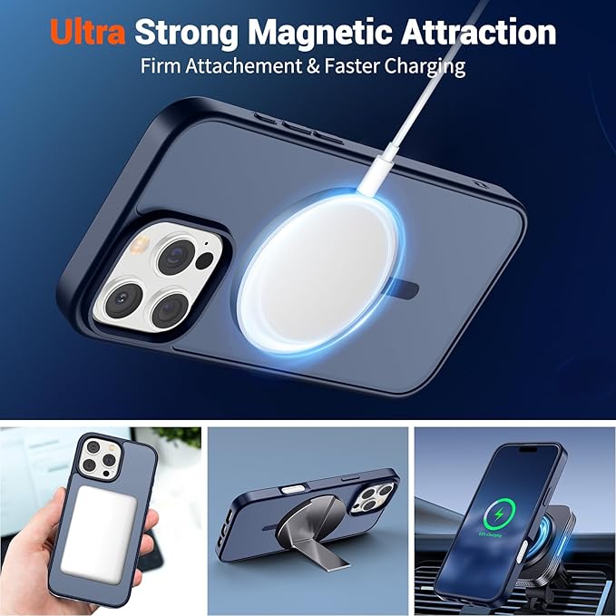 SUPFINE Magnetic for iPhone 16 Pro Max Case with Screen Protector (Compatible with MagSafe) (Military Grade Drop Protection) Translucent Matte Shockproof Phone Cover,Dark Blue