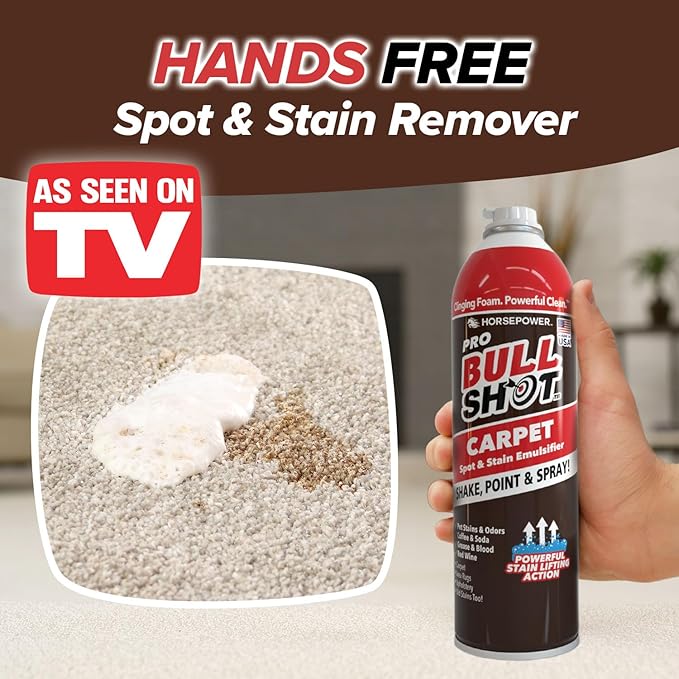 Horsepower Bull Shot Carpet Spot & Stain Remover, AS SEEN ON TV, Made In USA, Just Point & Spray, Stain-Lifting Foam-Action, Coffee, Soda, Wine, Grease, New & Old Stains & More