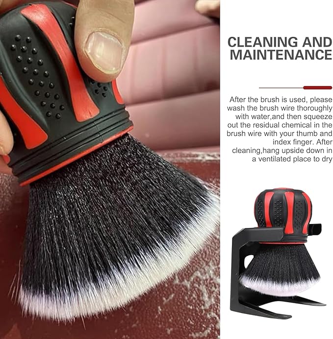 Car Detailing Brush, Ball-Shaped Cleaning Brush with Ultra Soft Dense Bristles, Non-Slip Handle and Storage Rack Design, Universal Multi-Purpose Gap Cleaner for Car Home Office (Red)