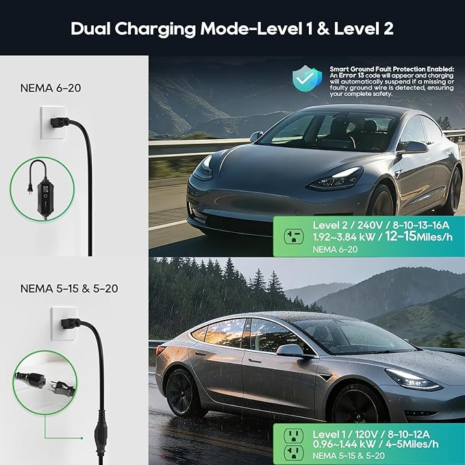 Level 1/2 Portable EV Charger for Tesla Model Y/3/S/X, Home 240V 16A (NEMA 6-20) & 120V 12A(NEMA 5-15 Adapter), Adjustable 8-16A, NACS, 25ft Cable, ETL Certified, LCD Display, Travel Bag