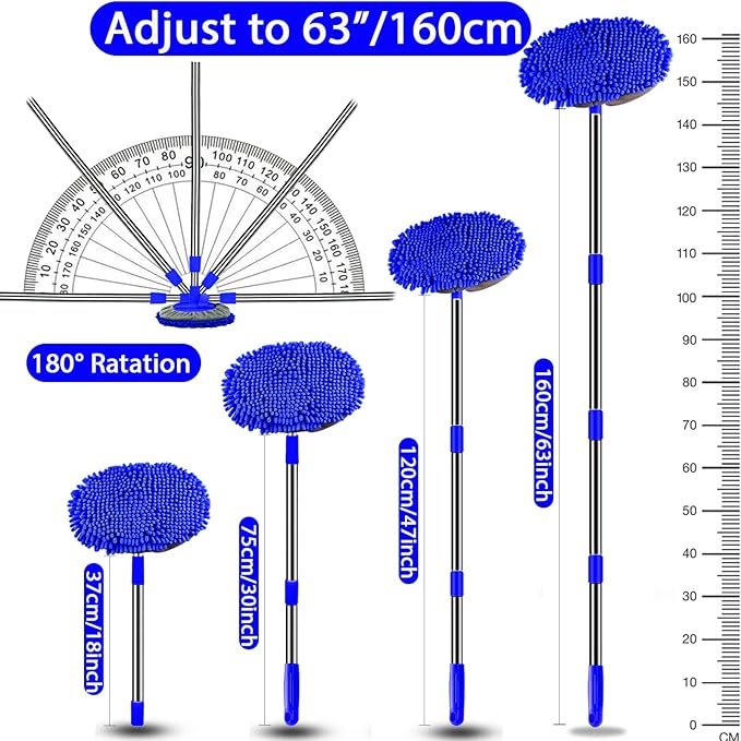 WillingHeart 63" Car Wash Mop Brush Tool Mitt with Long Handle Length More Suitable for Washing American Cars Truck, SUV, RV, Trailer, 2 in 1 Chenille Microfiber Duster Not Hurt Paint Scratch Free